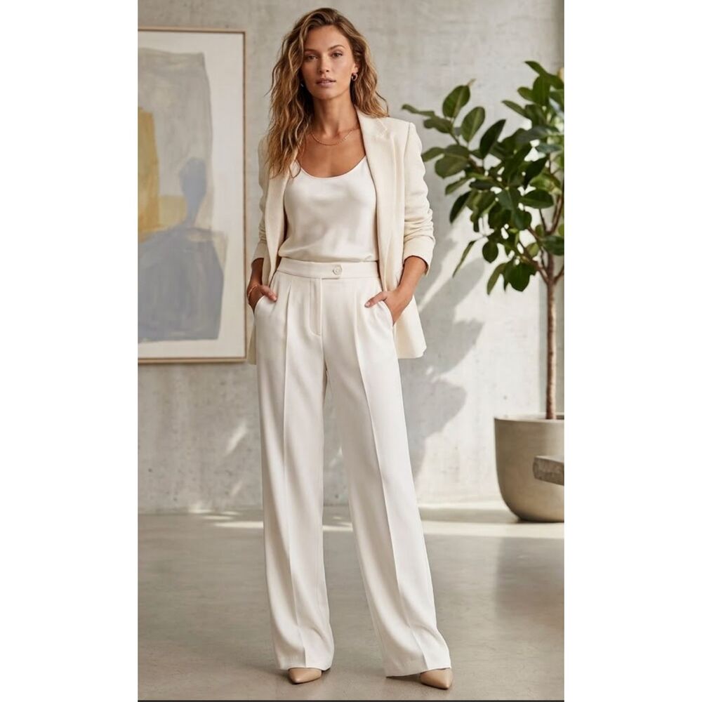 Adrianna Papell Dress Pants 12 Trousers Wide Leg Minimalist Pleated Career Cream